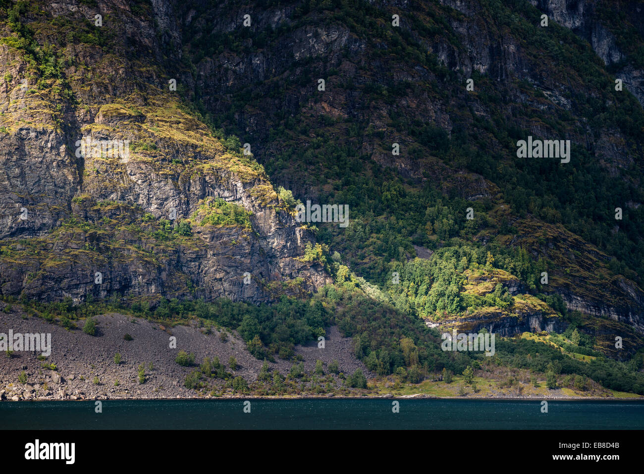 Guardando ad ovest attraverso il Aurlandsfjord a Dorganeset vicino Flåm, Norvegia Foto Stock