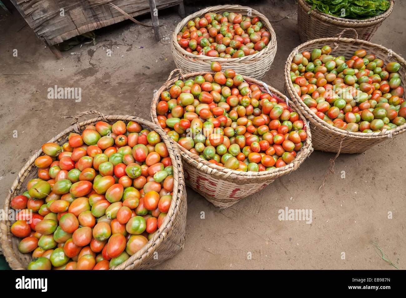 Mature pomodori organici per la vendita all'aperto il mercato asiatico. Bagan, Myanmar. La Birmania destinazioni di viaggio Foto Stock