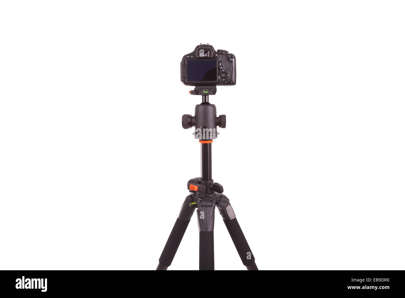 Telecamera digitale montata su treppiede, isolati su sfondo bianco Foto Stock