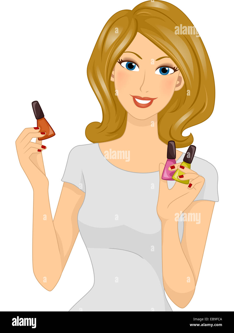 Illustrazione con una ragazza con diversi smalti per unghie Foto Stock