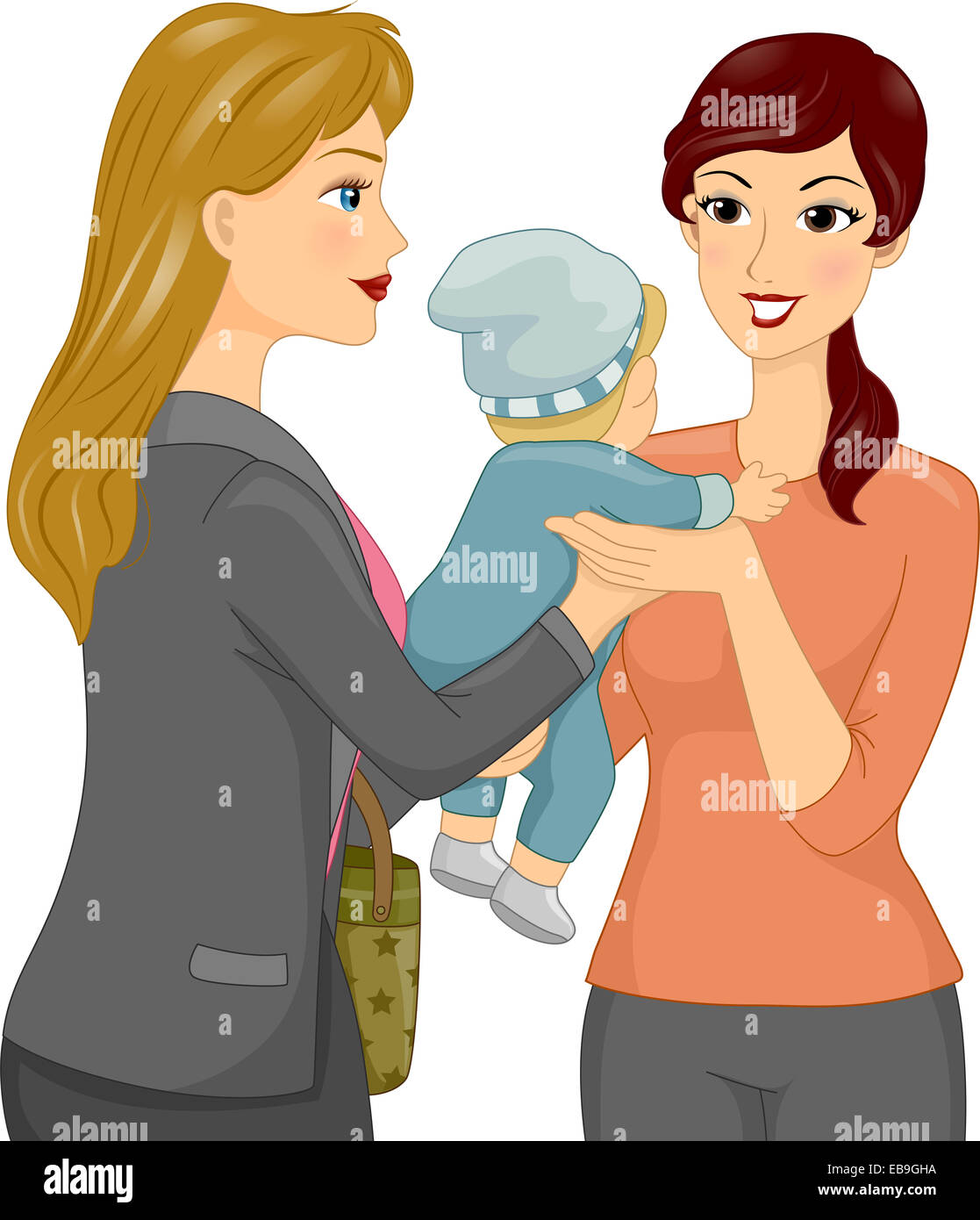 Illustrazione con una femmina di Babysitter tenendo un bambino da sua madre Foto Stock