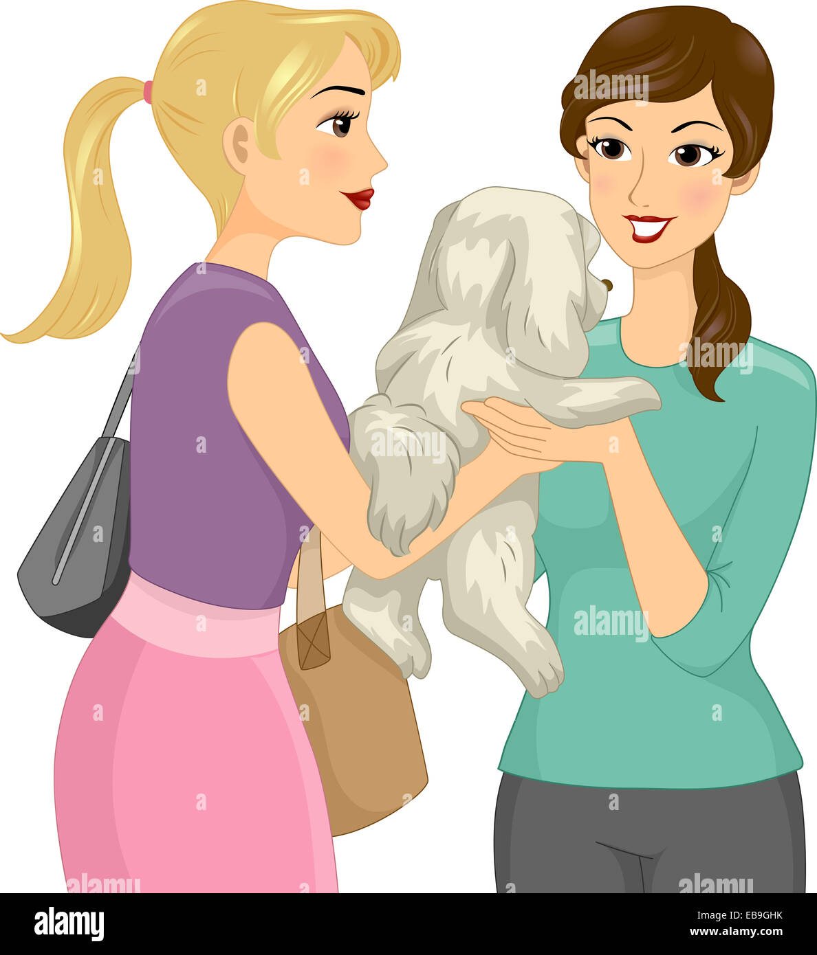 Illustrazione di una femmina di pet sitter accettando un cane Foto Stock