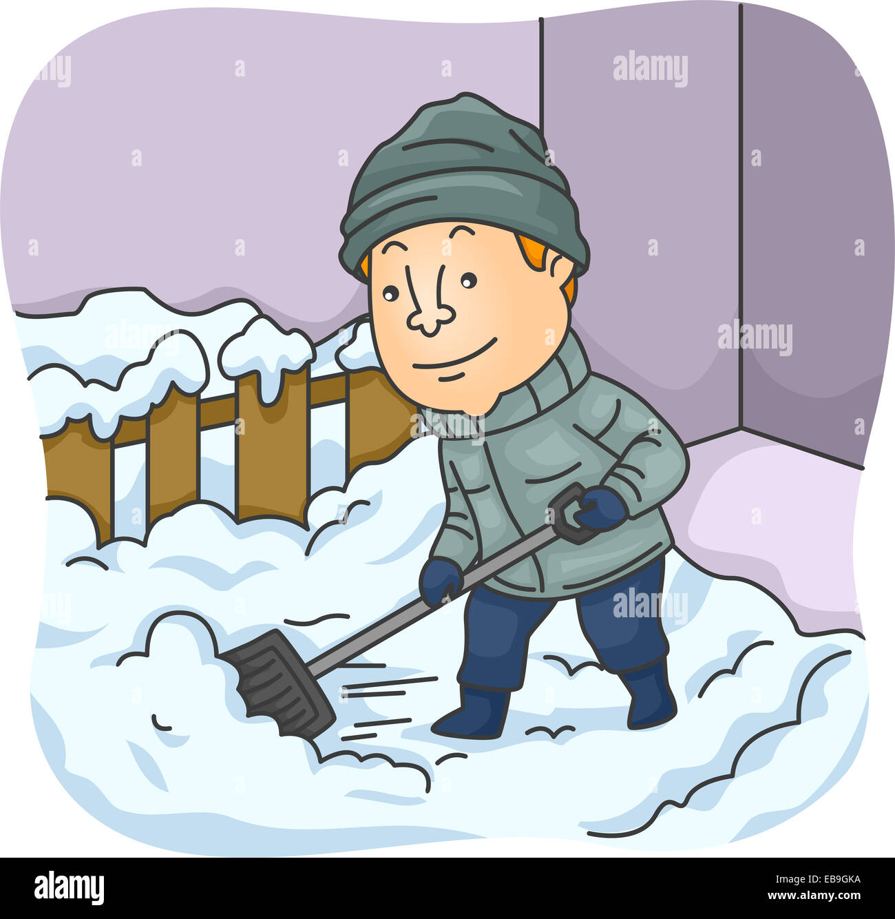 Illustrazione di un uomo spalare la neve Foto Stock