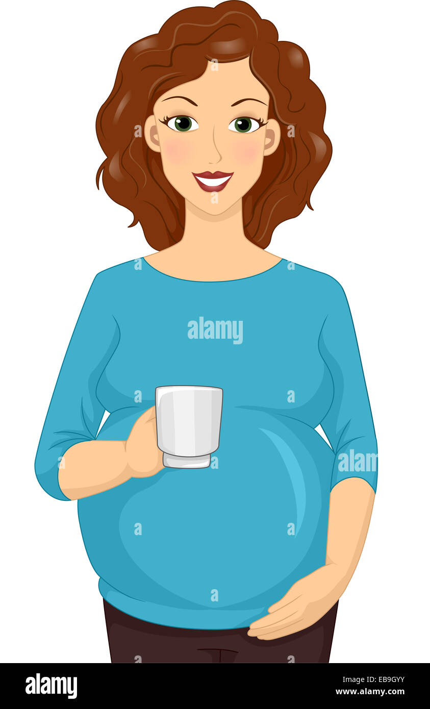 Illustrazione con una donna in stato di gravidanza tenendo una tazza di una bevanda calda Foto Stock