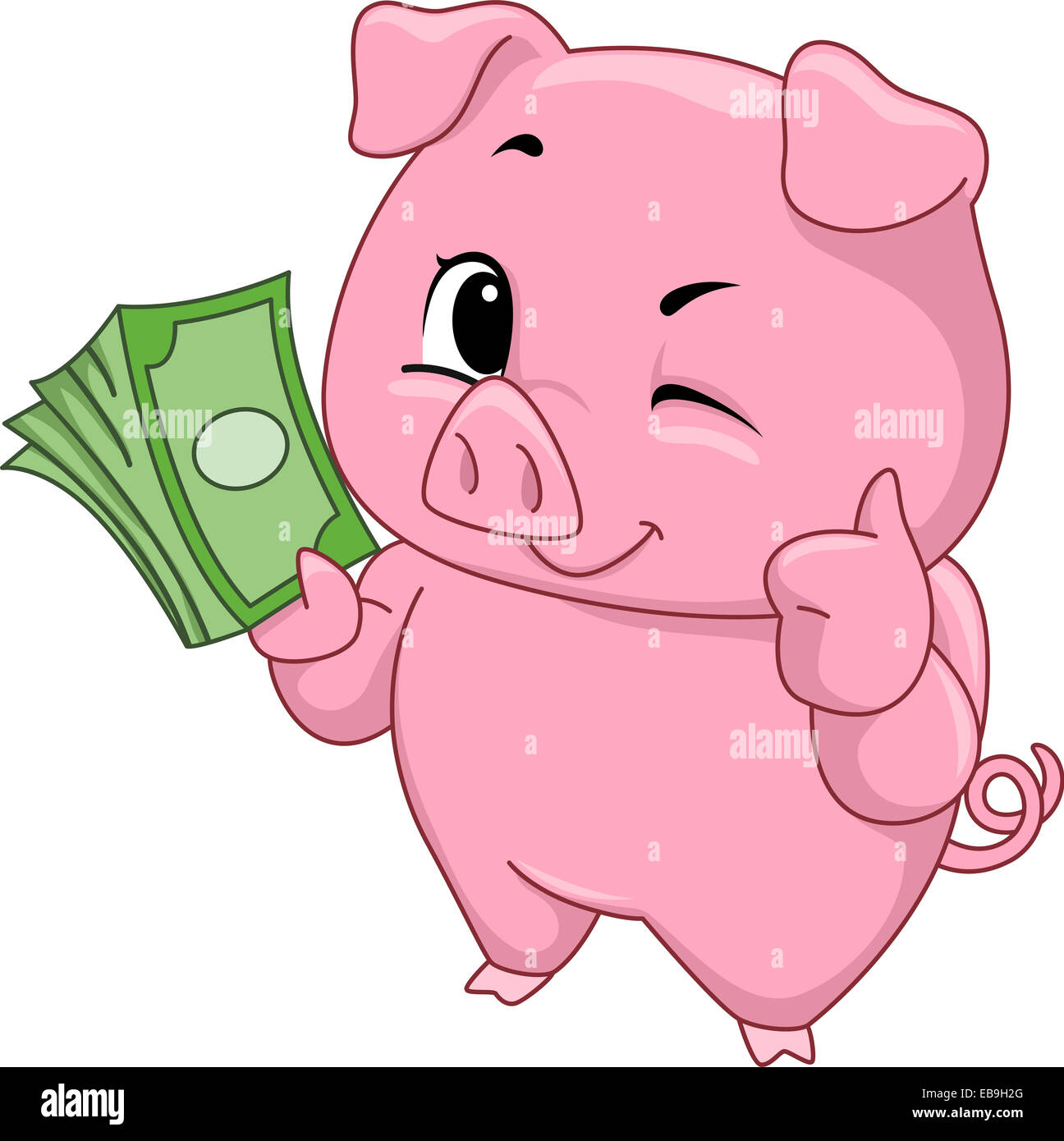 Illustrazione di un simpatico Maialino una catasta di contanti Foto Stock