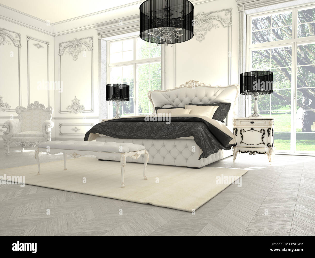 Interno di un classico stile camera da letto nella villa di lusso. Il rendering 3D Foto Stock