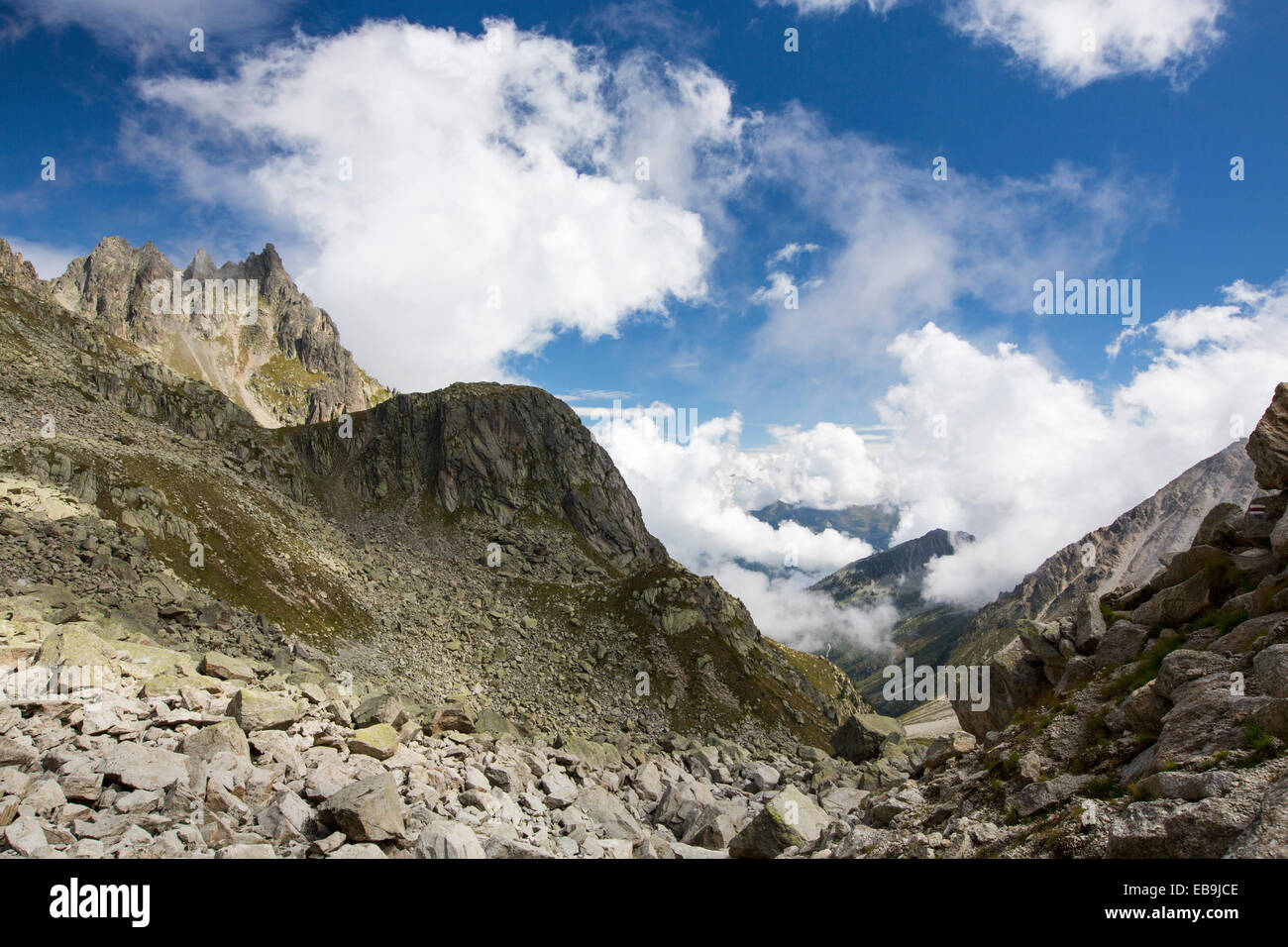 Ghiaione e massi di granito in alta Val d' Arpette nelle Alpi Svizzere. Foto Stock