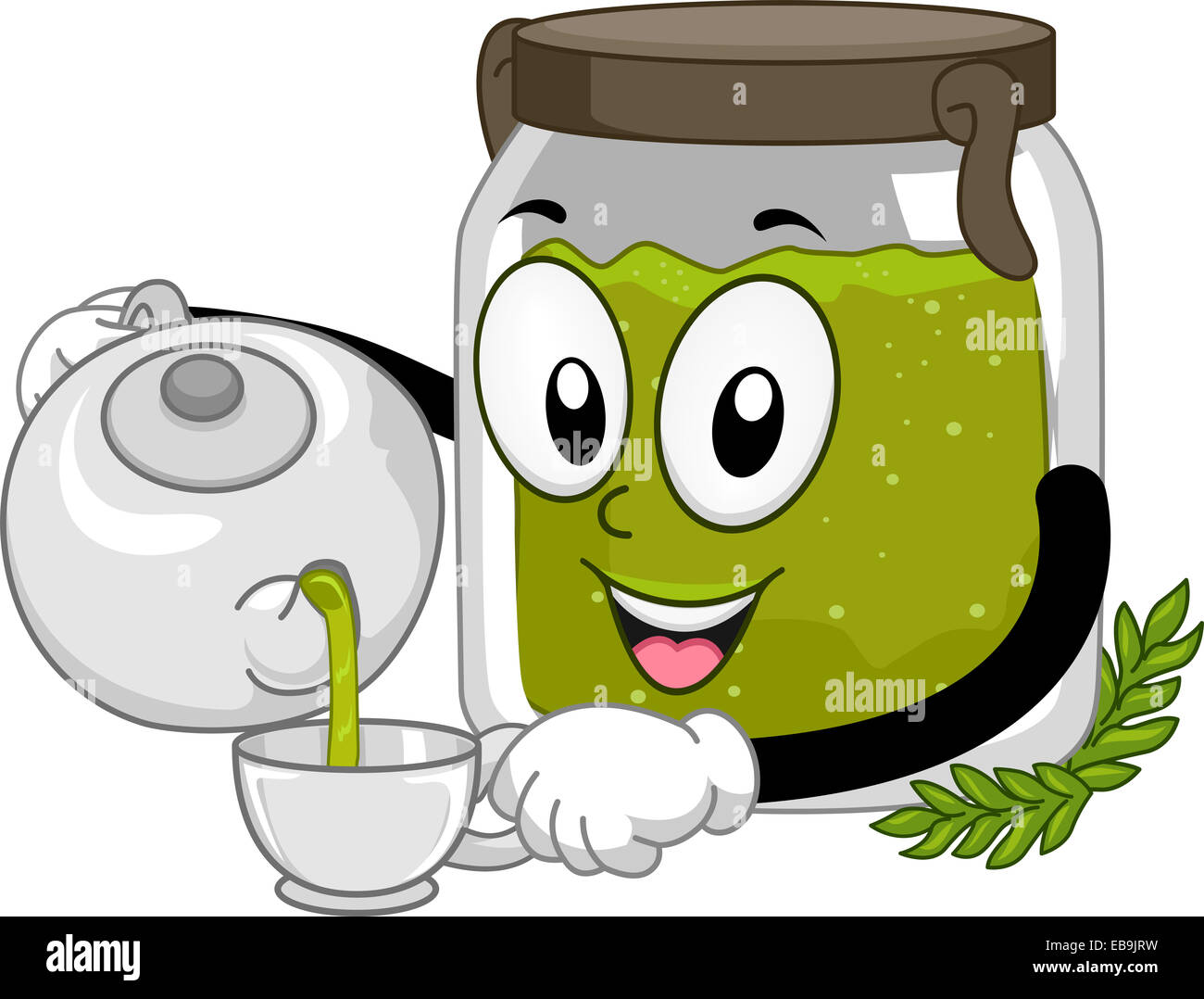Il Mascot illustrazione con un barattolo di tè organici versando il tè in una tazza Foto Stock