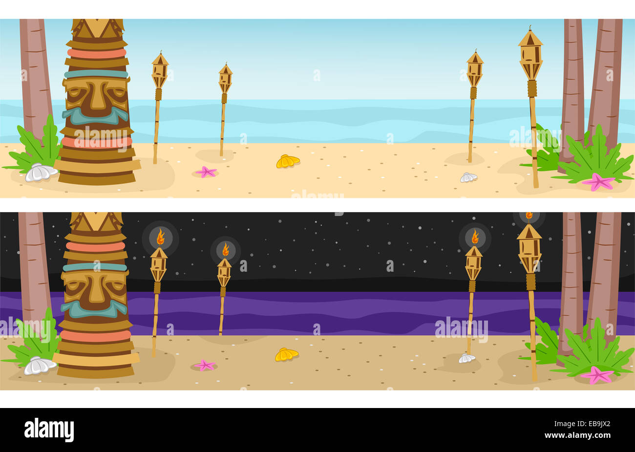 Illustrazione di Banner con un resort sulla spiaggia con un tema Hawaiano Foto Stock