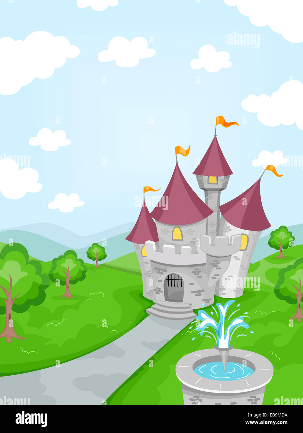 Illustrazione con una fontana con un castello in background Foto Stock
