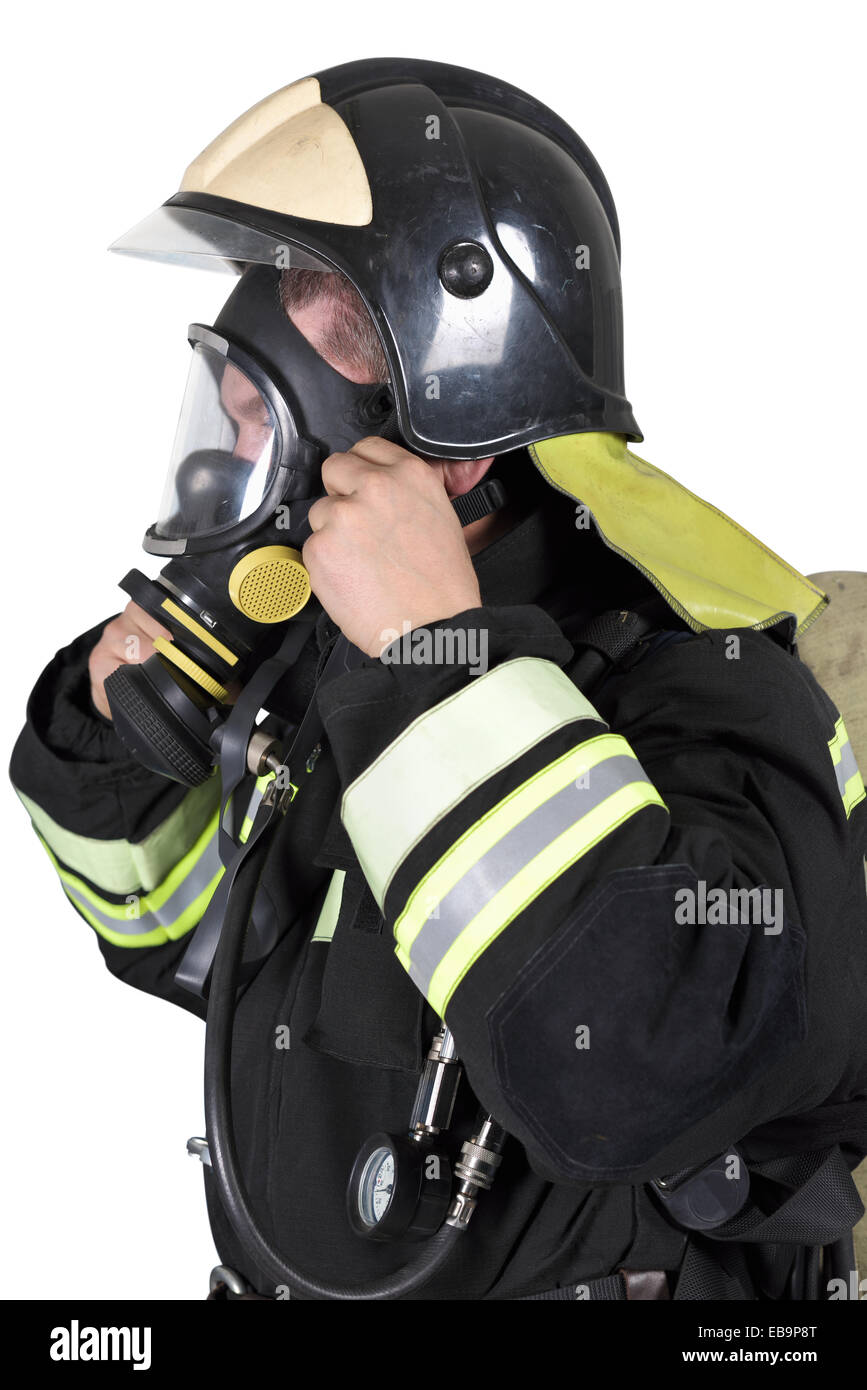 Firefighter corregge maschera panoramica apparecchi respiratori. Isolato su bianco Foto Stock