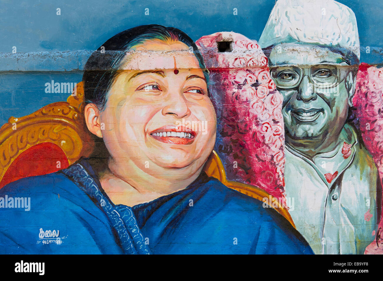 Pittura murale raffigurante il Tamil attrice e uomo politico Jayalalithaa Jayaram, Madurai, Tamil Nadu, India Foto Stock