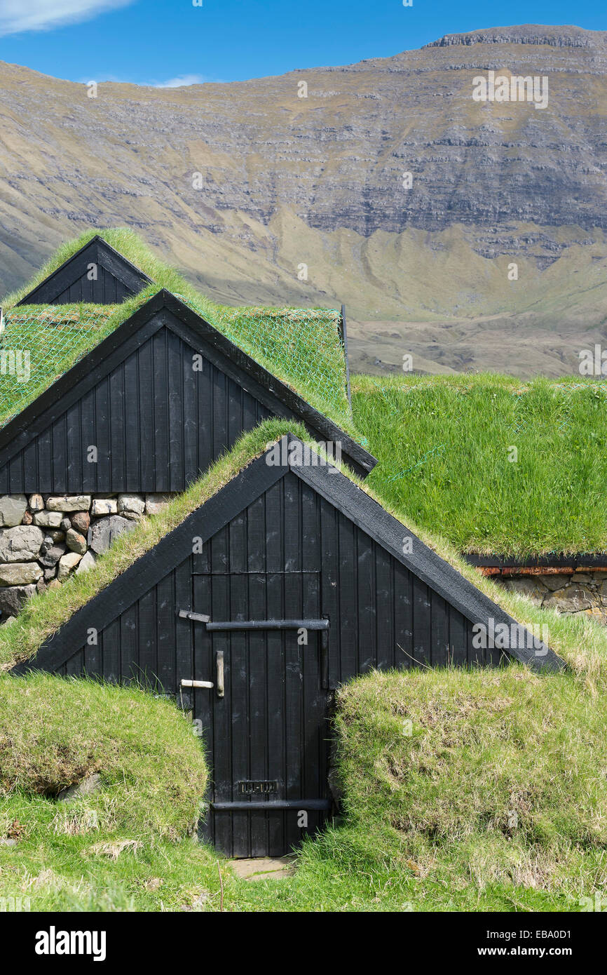 Tappeto erboso tradizionali case, case in legno con tetti di erba e basamenti di pietra, Gásadalur, Vágar, Isole Faerøer, Danimarca Foto Stock