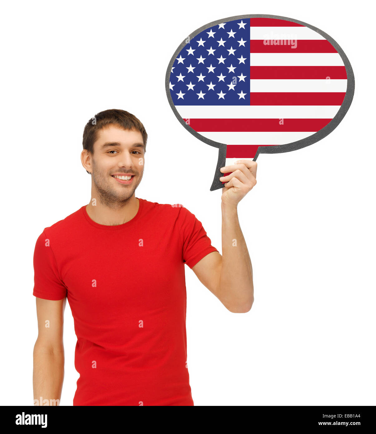 Uomo sorridente con bolla di testo della bandiera americana Foto Stock