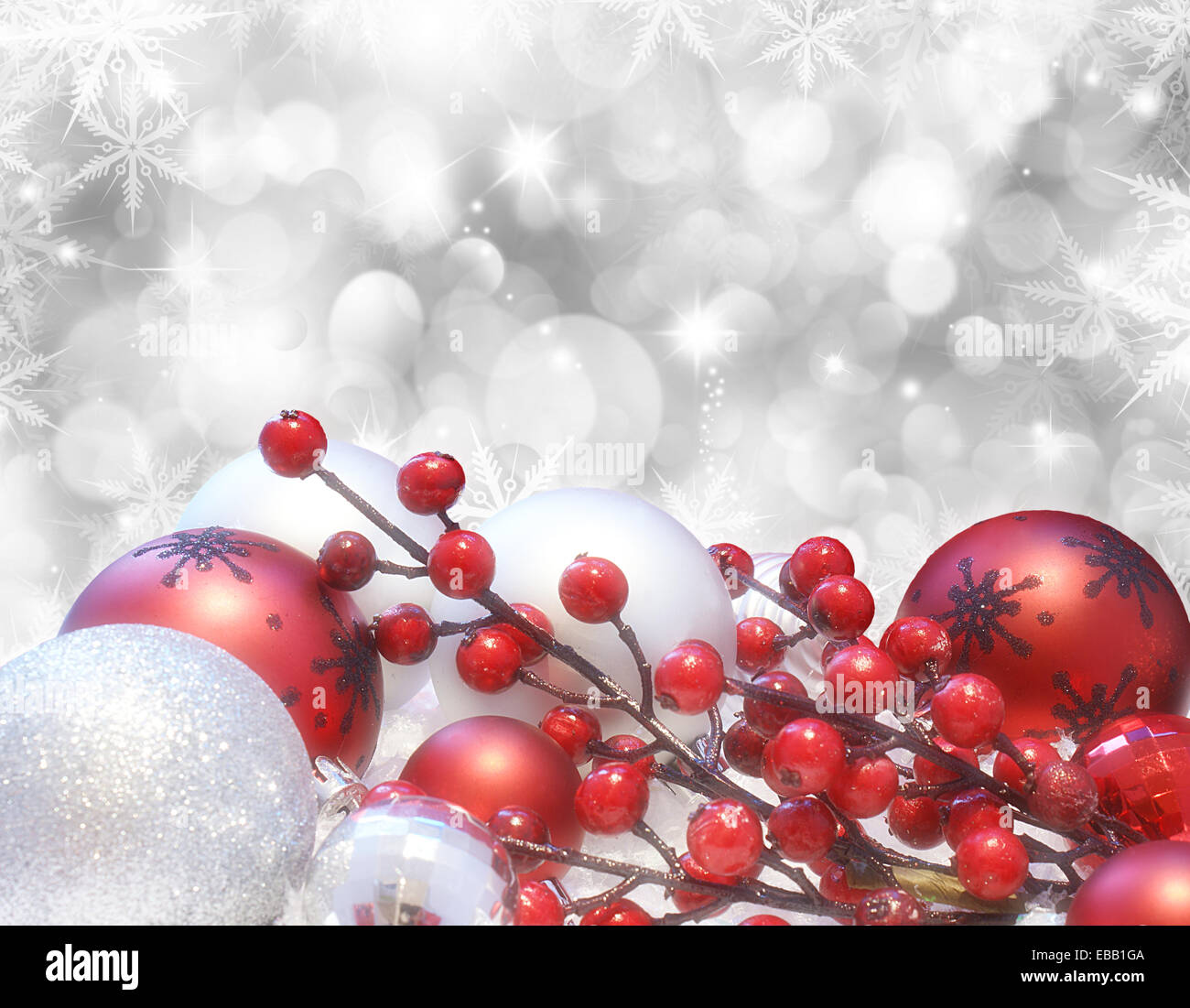 Sfondo di natale con decorazioni bokeh luci e stelle Foto Stock
