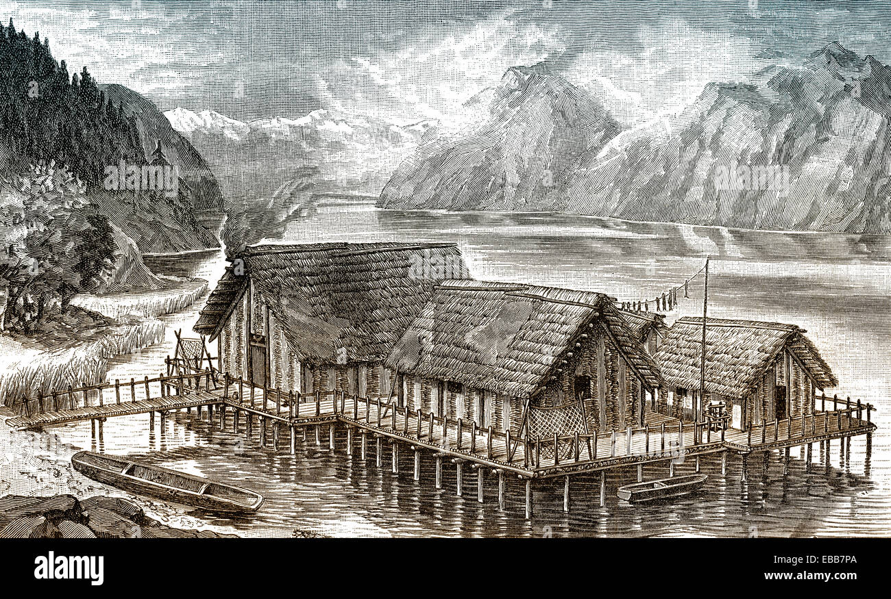 La ricostruzione delle palafitte o stazioni palafitticole nel lago di Zurigo, Svizzera, Europa, Pfahlbauten oder Stelzenbauten, Rekonstruk Foto Stock