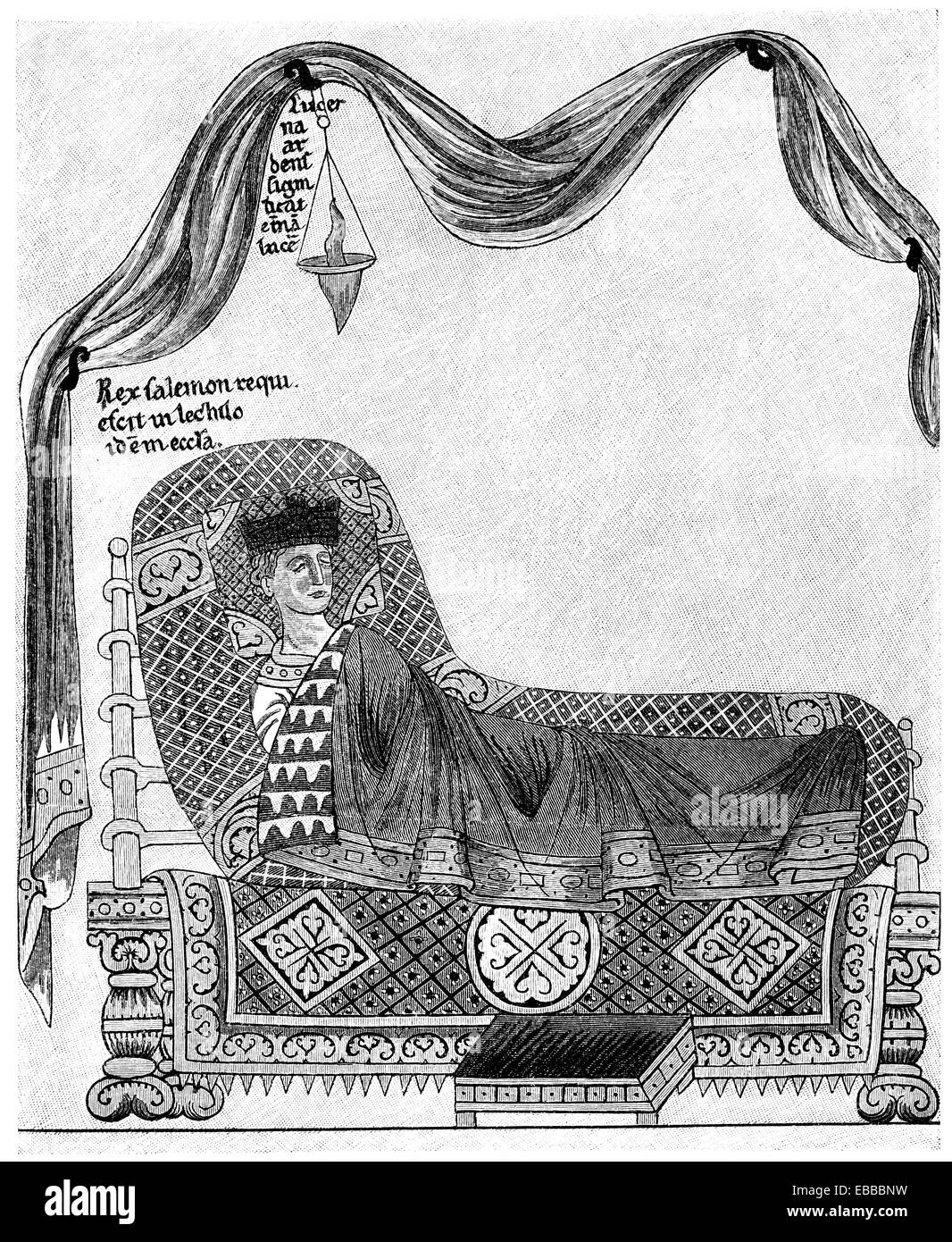 Un letto principesco, Hortus deliciarum o il giardino delle delizie, un manoscritto medievale da Herrad di Landsberg, del XII secolo, Ein fürstli Foto Stock