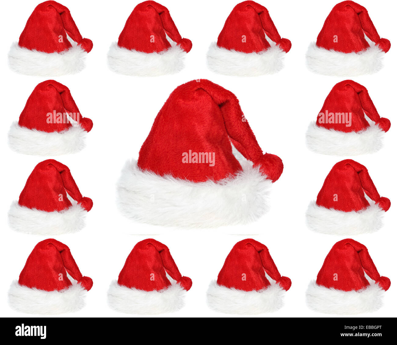 Set composto quadrata con cappelli di Natale su sfondo bianco Foto Stock