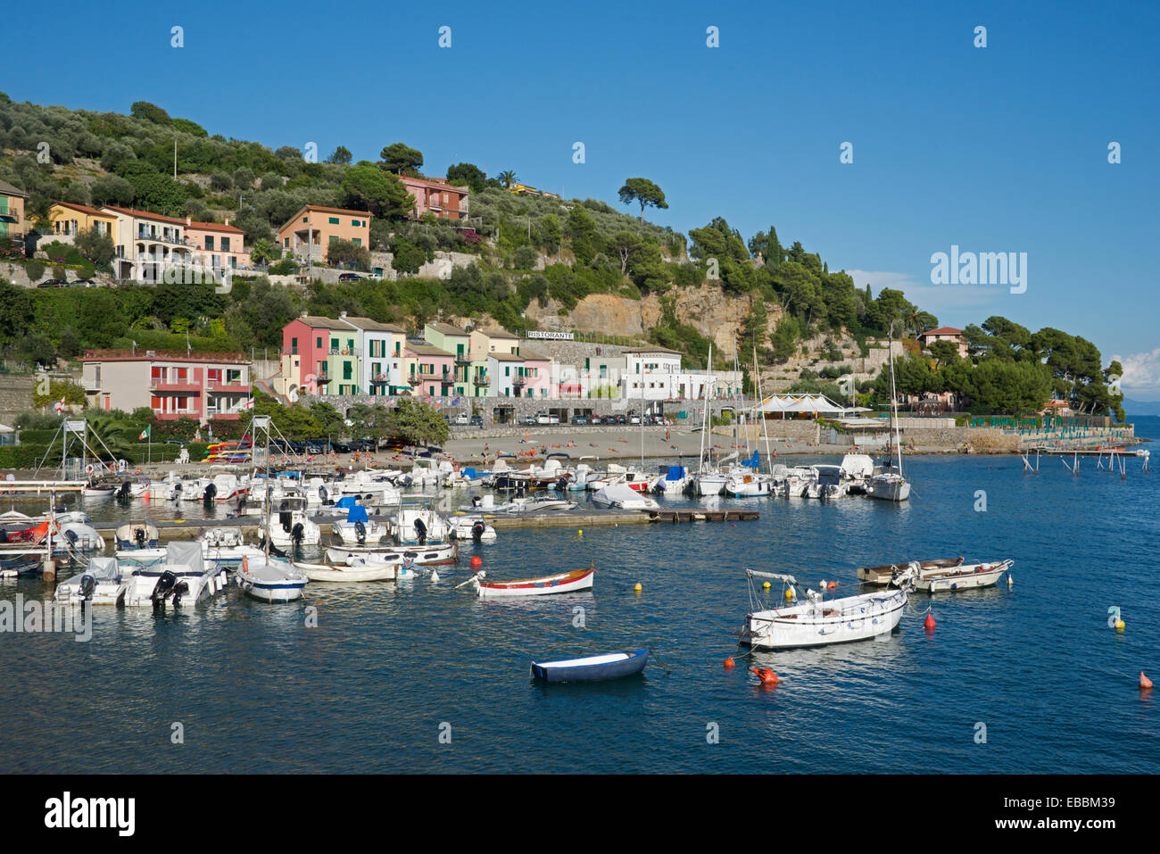 Barche ormeggiate e colorate case al mare Porto Venere Liguria Italia Foto Stock