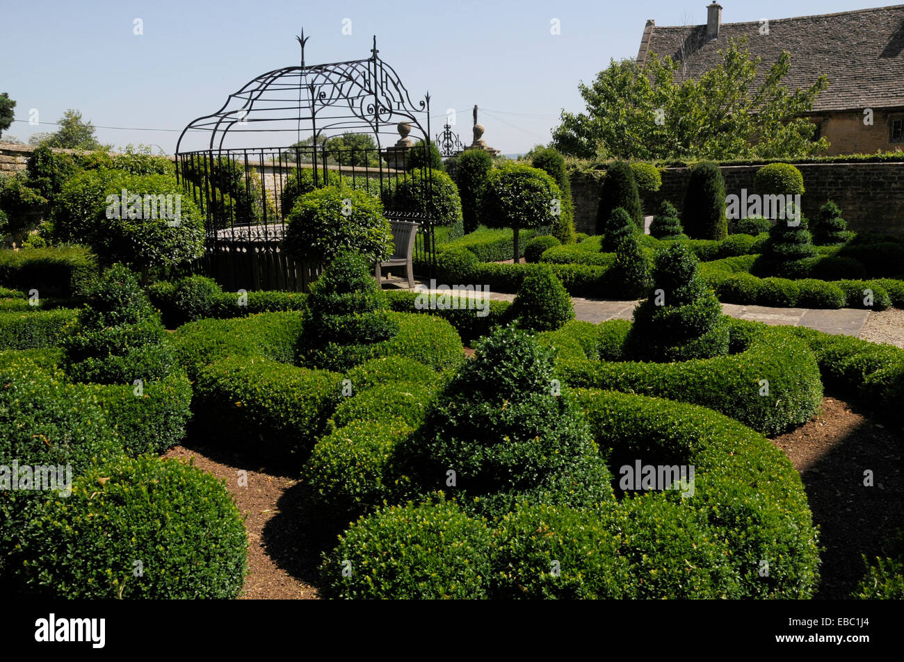 Topiaria da confine a Bourton House garden Foto Stock