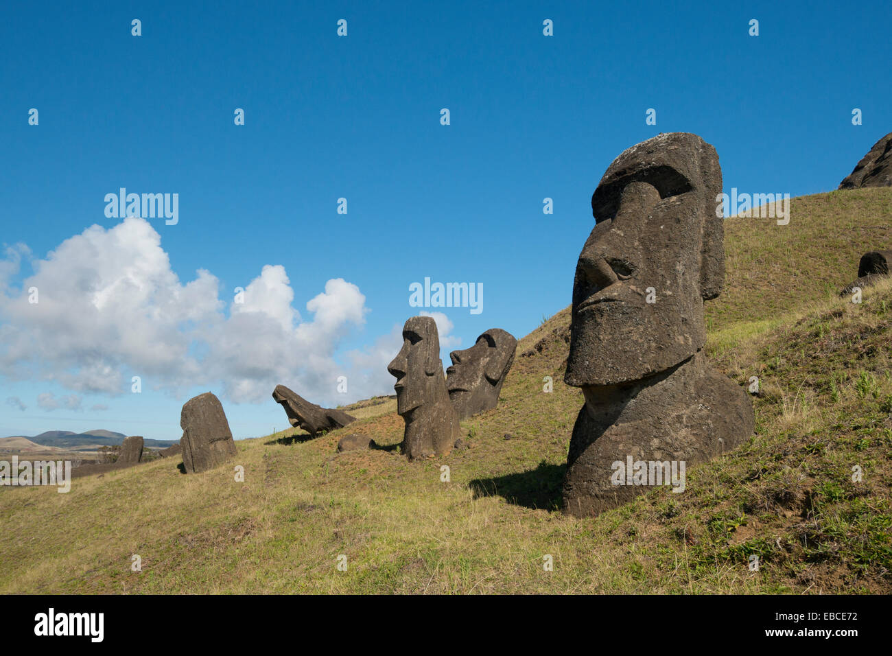 Il Cile, Isola di Pasqua aka Rapa Nui. Parco Nazionale di Rapa Nui, sito storico di Rano Raraku "cava". Collina vulcanica dove mo Foto Stock