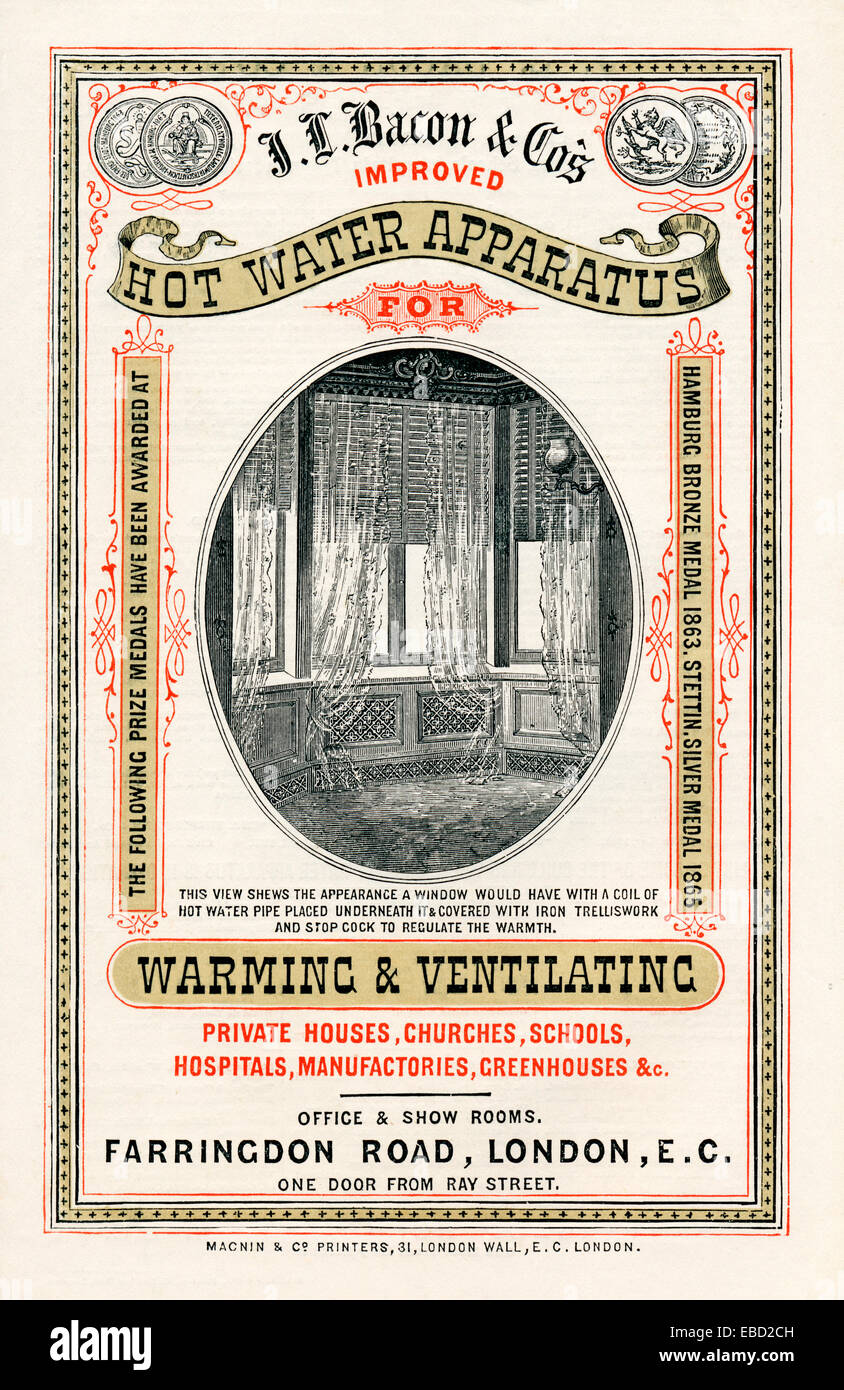 JL Bacon acqua calda apparecchiatura, 1870 Inserire annuncio per il tedesco gli ingegneri di riscaldamento e la loro operazione di Londra, radiatori per uso domestico e per locali commerciali Foto Stock