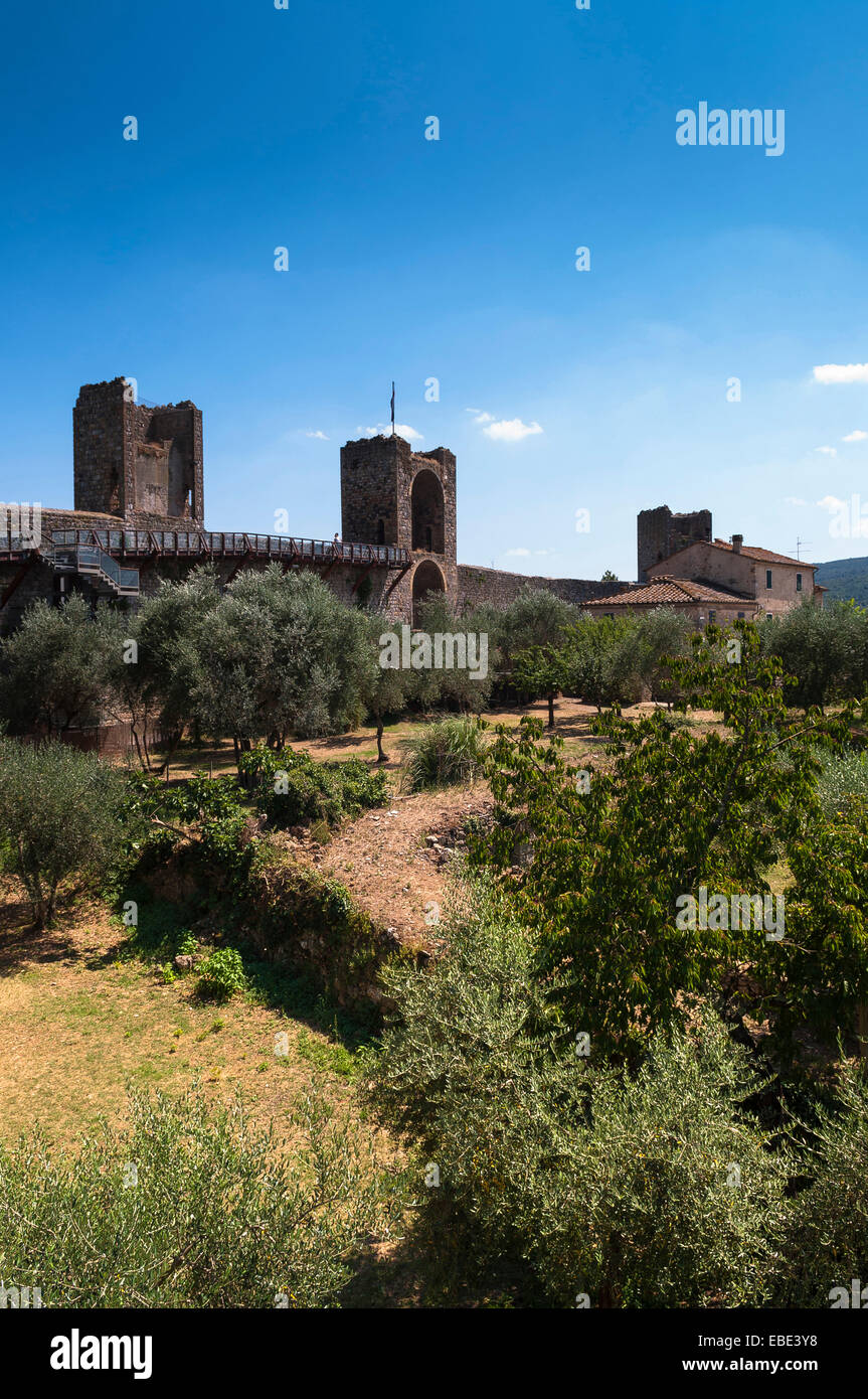 Vista della città murata, Monteriggioni, Chianti, provincia di Siena, Toscana, Italia Foto Stock