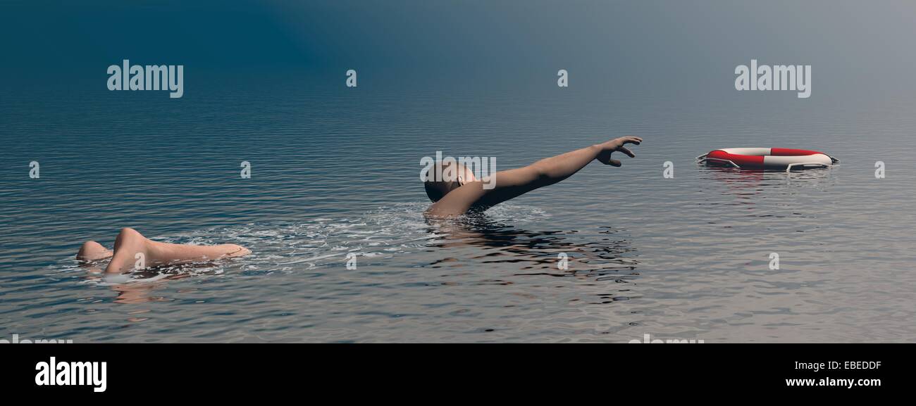 L'uomo annega nell'oceano e cercando di raggiungere una boa per essere sicuro Foto Stock