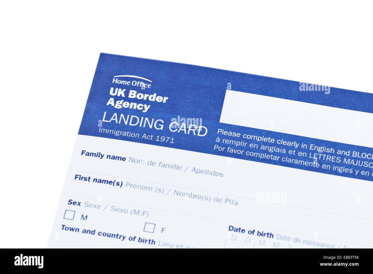 UK Border Agency carta di sbarco forma di immigrazione Foto Stock