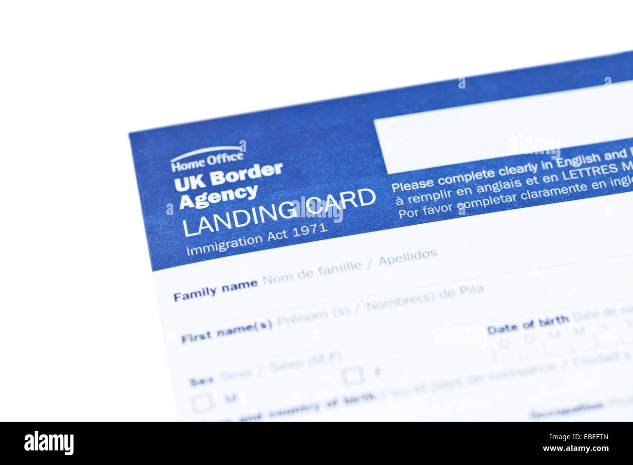 UK Border Agency carta di sbarco forma di immigrazione Foto Stock