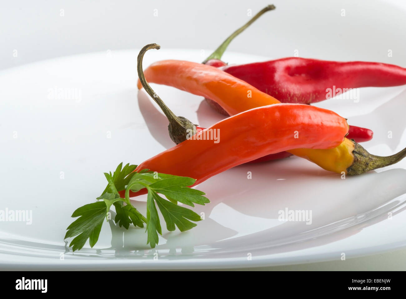 Peperoncino rosso e parsleyon una piastra withe Foto Stock