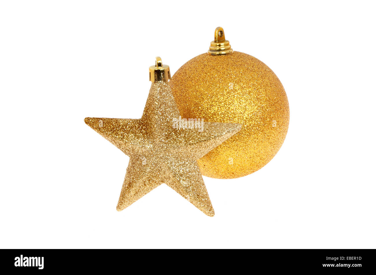 Decorazione Natalizia Oro glitter star e ninnolo isolata contro bianco Foto Stock