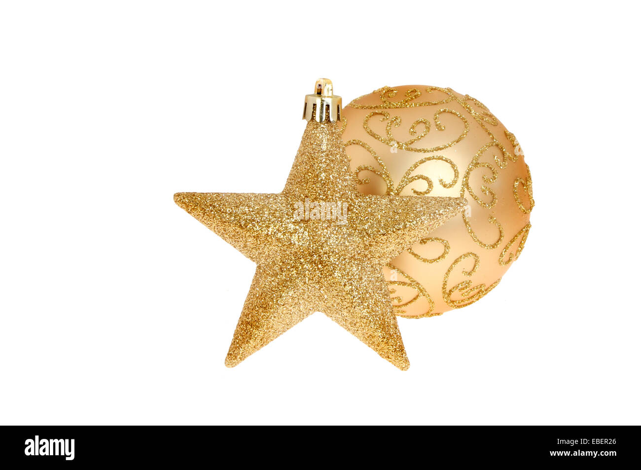 Decorazione Natalizia Oro glitter star e ninnolo isolata contro bianco Foto Stock