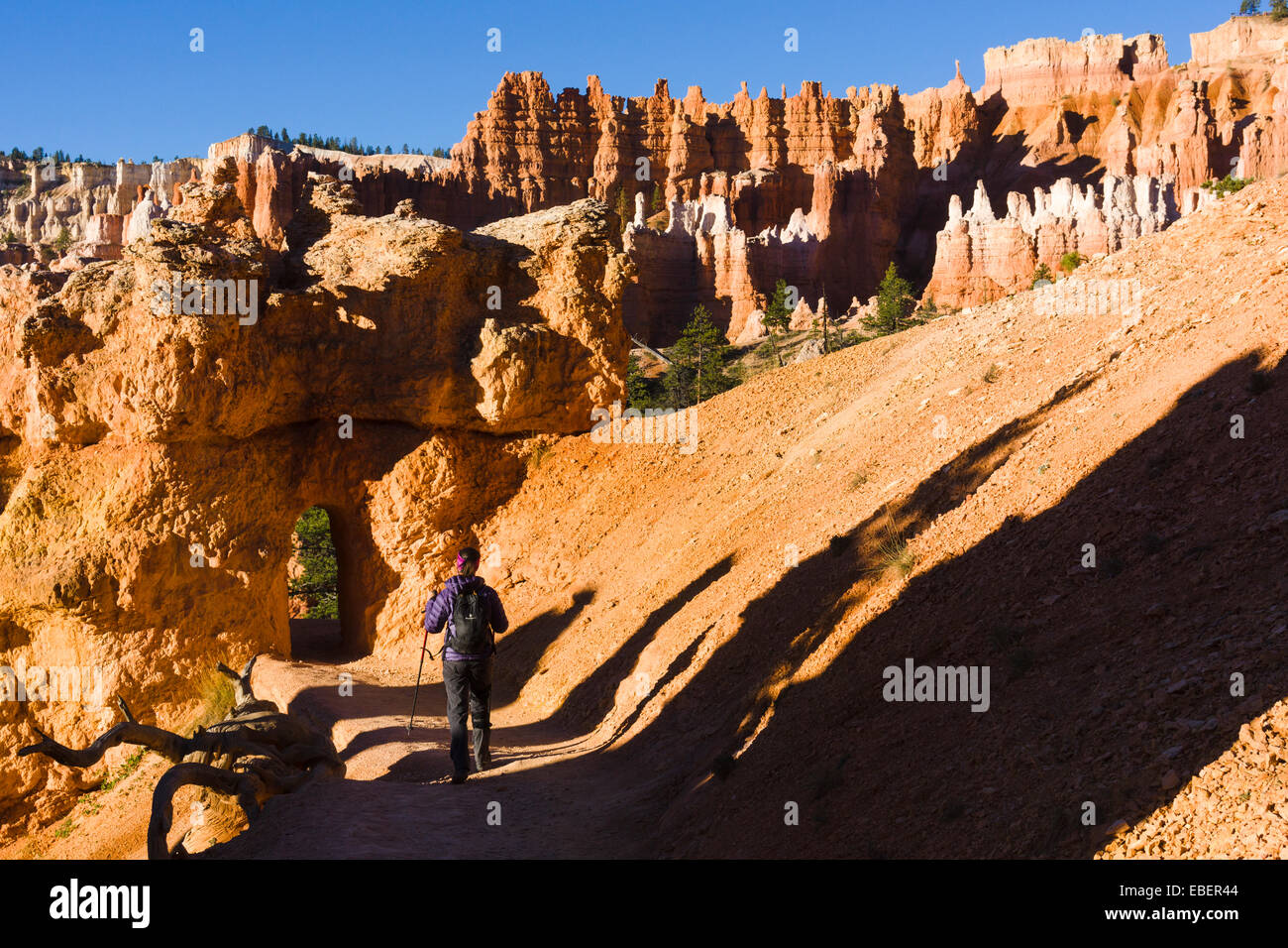Escursionista femmina sul Queens Garden coda. Parco Nazionale di Bryce Canyon, Utah, Stati Uniti d'America. Foto Stock