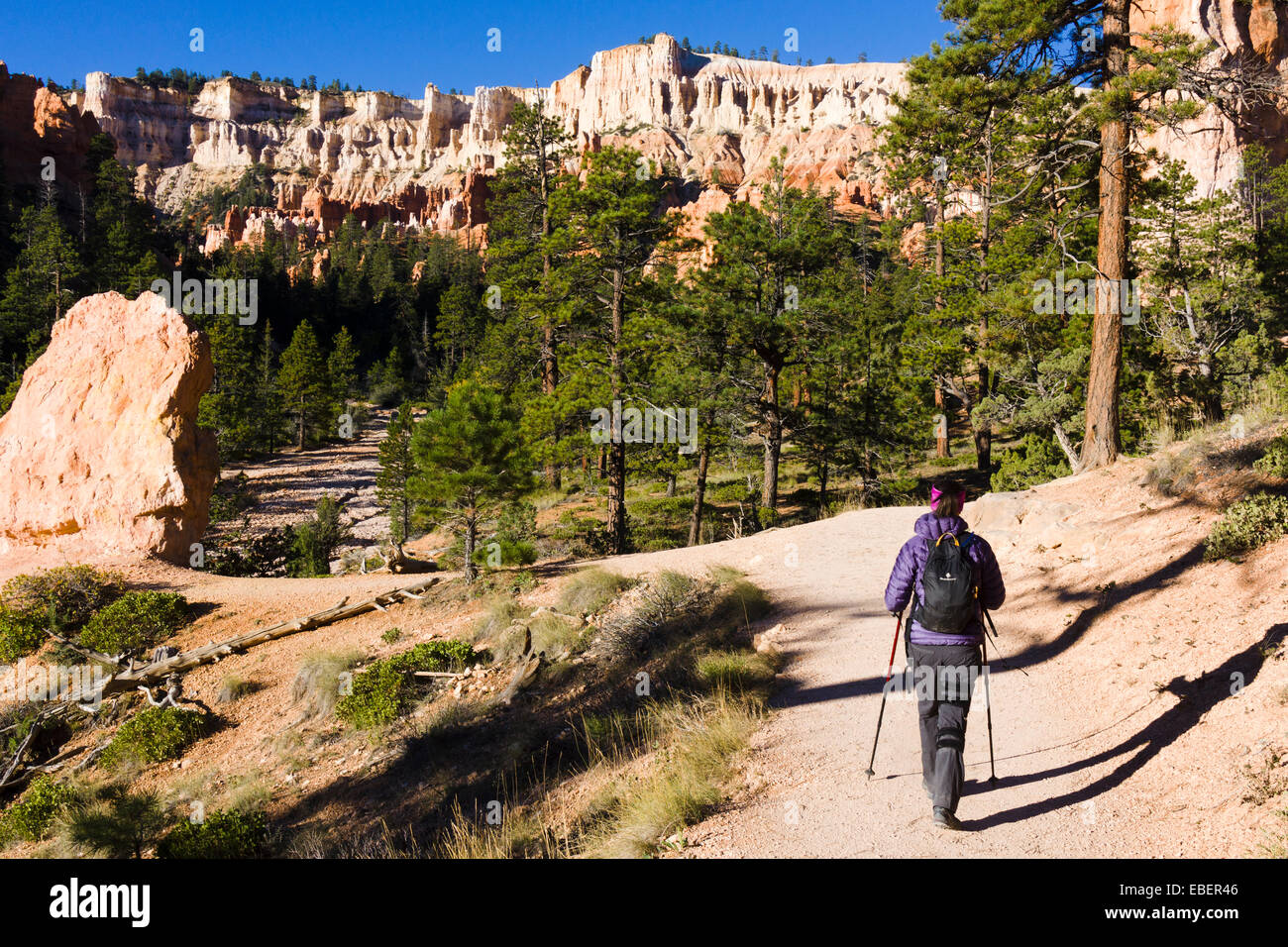 Escursionista femmina sul Queens Garden coda. Parco Nazionale di Bryce Canyon, Utah, Stati Uniti d'America. Foto Stock