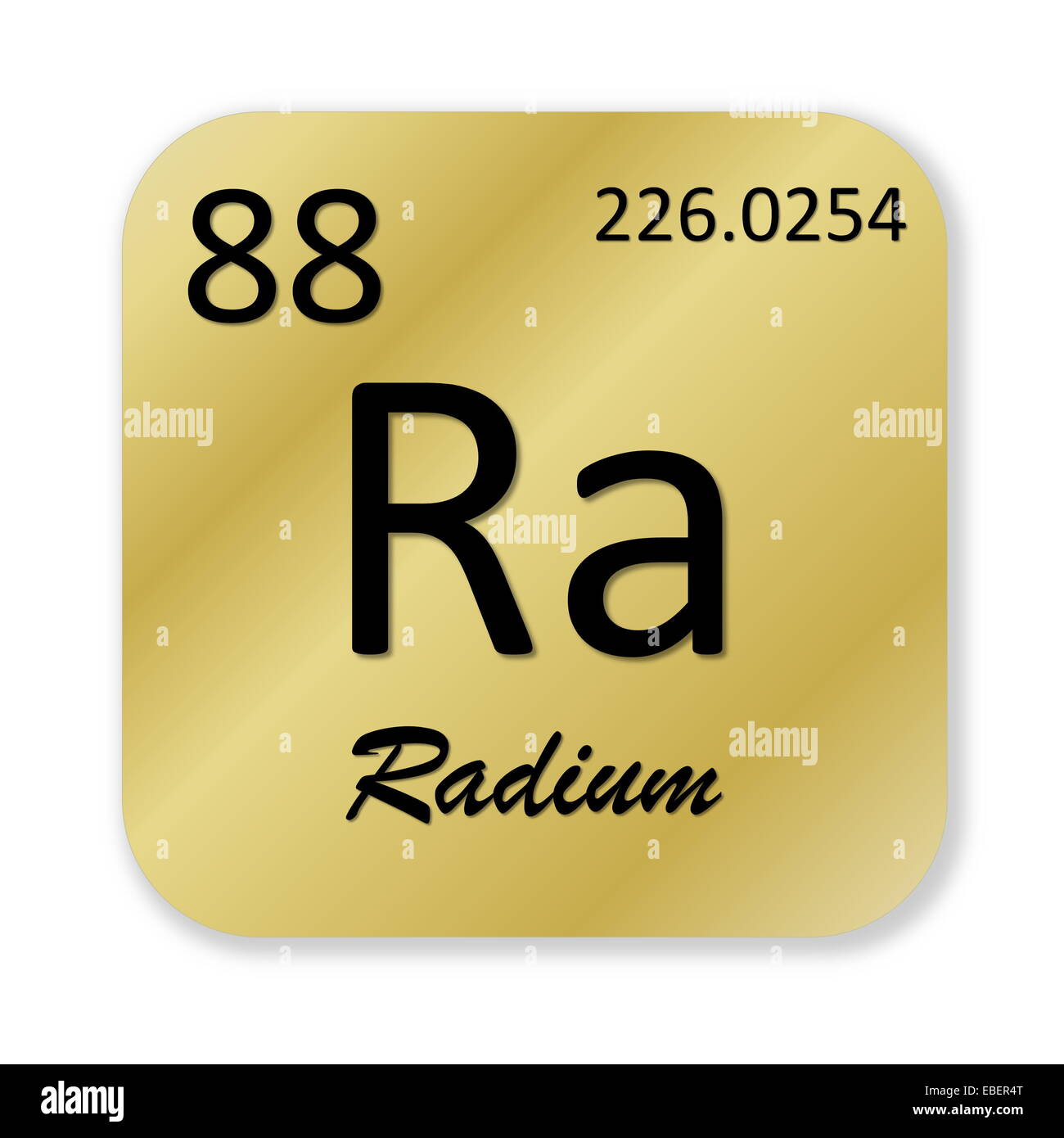 Nero radium elemento nella golden square forma isolata in sfondo bianco Foto Stock