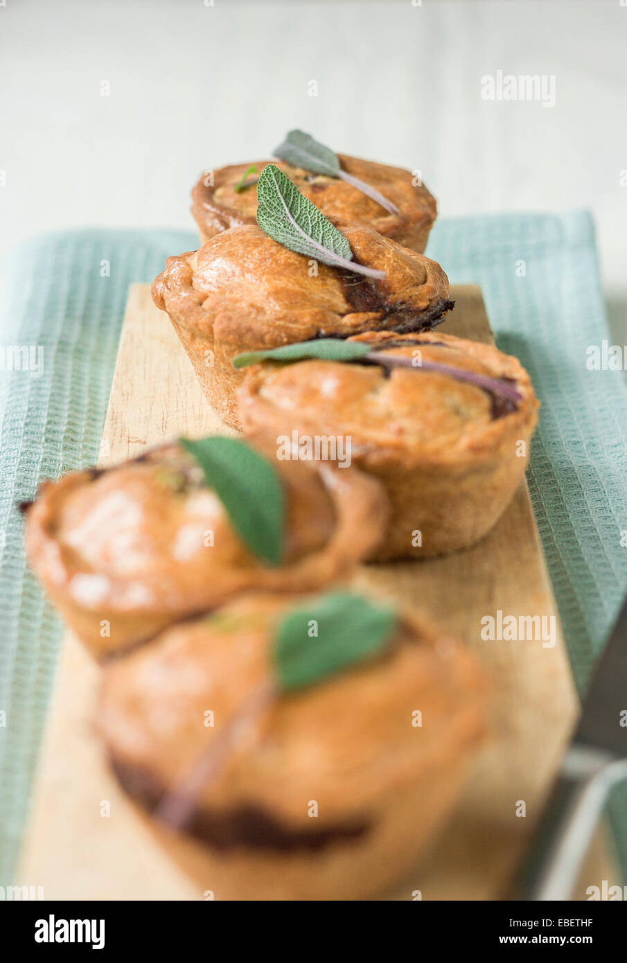 Cinque mini pasticci di carne di maiale. Tradizionalmente la ricetta britannica per l'estate. Foto Stock