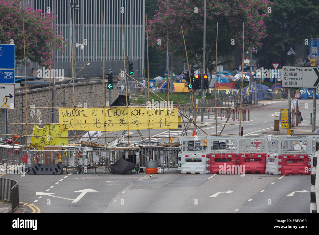 Blocchi di strada a Hong Kong nel 2014 dal movimento di ombrello Foto Stock