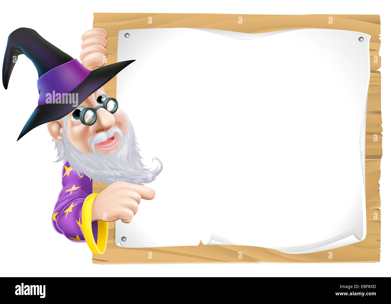 Disegno di un amichevole old wizard peeking round e puntando a un segno Foto Stock