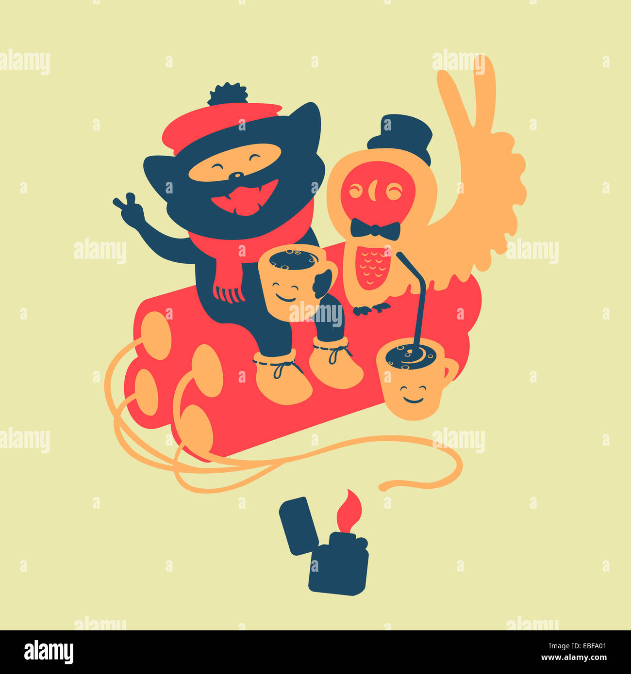 Il gatto e il gufo bere il caffè eps 8 formato di file Foto Stock