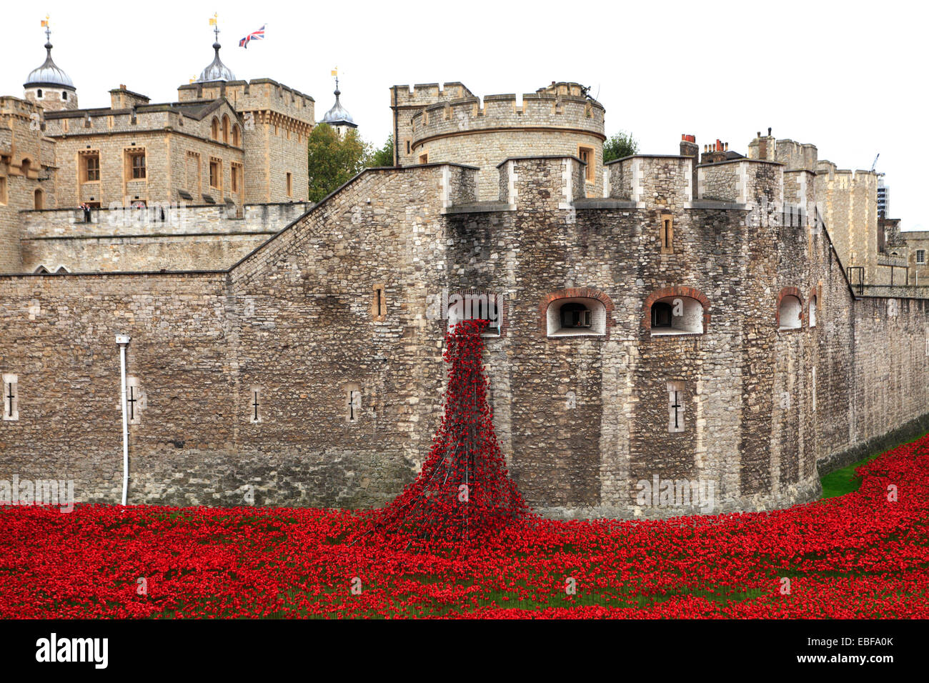 Ceramica fiori di papavero attorno alla parte esterna della Torre di Londra, North Bank di Londra City, Inghilterra, Regno Unito. Foto Stock