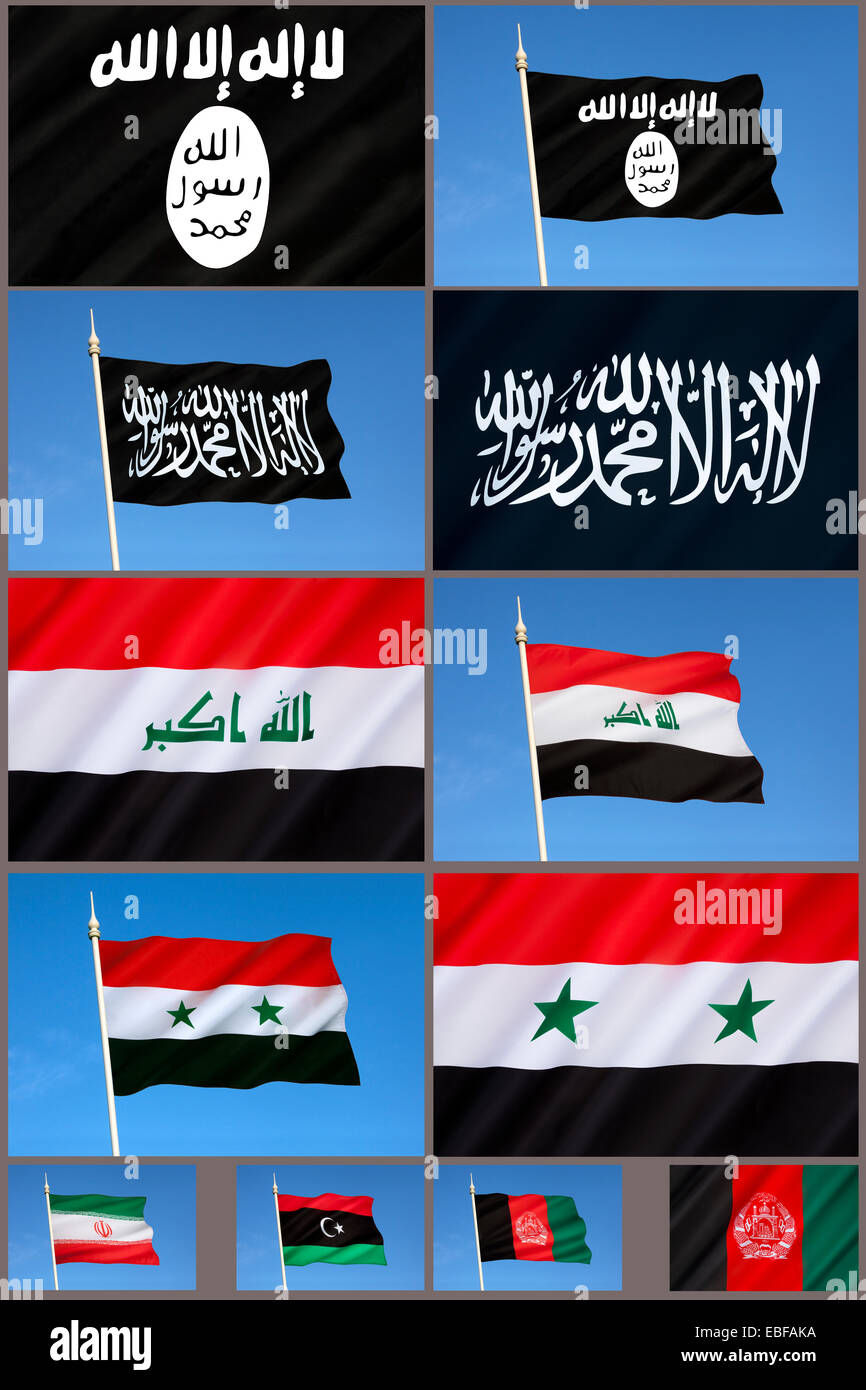 Il conflitto in Medio Oriente - Bandiere di Al Qaeda e Stato islamico (ISIS o ISIL) Foto Stock