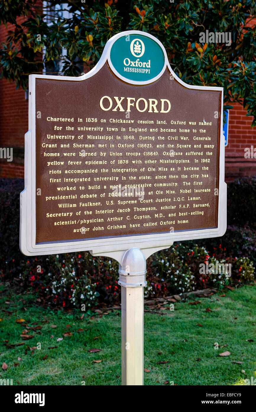 Città storica di placca in Oxford Mississippi Foto Stock