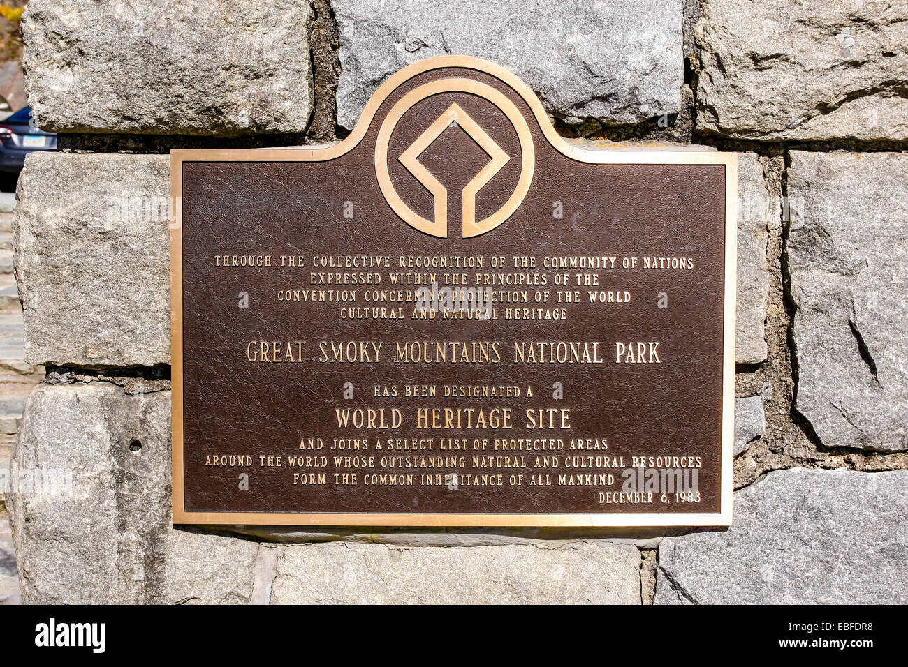 La parte superiore del Parco Nazionale di Great Smoky Mountains Sito Patrimonio Mondiale sulla targhetta Foto Stock