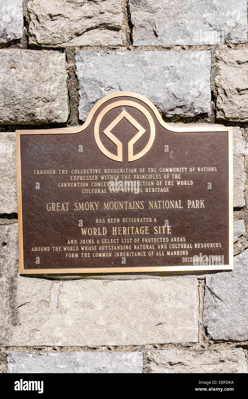La parte superiore del Parco Nazionale di Great Smoky Mountains Sito Patrimonio Mondiale sulla targhetta Foto Stock