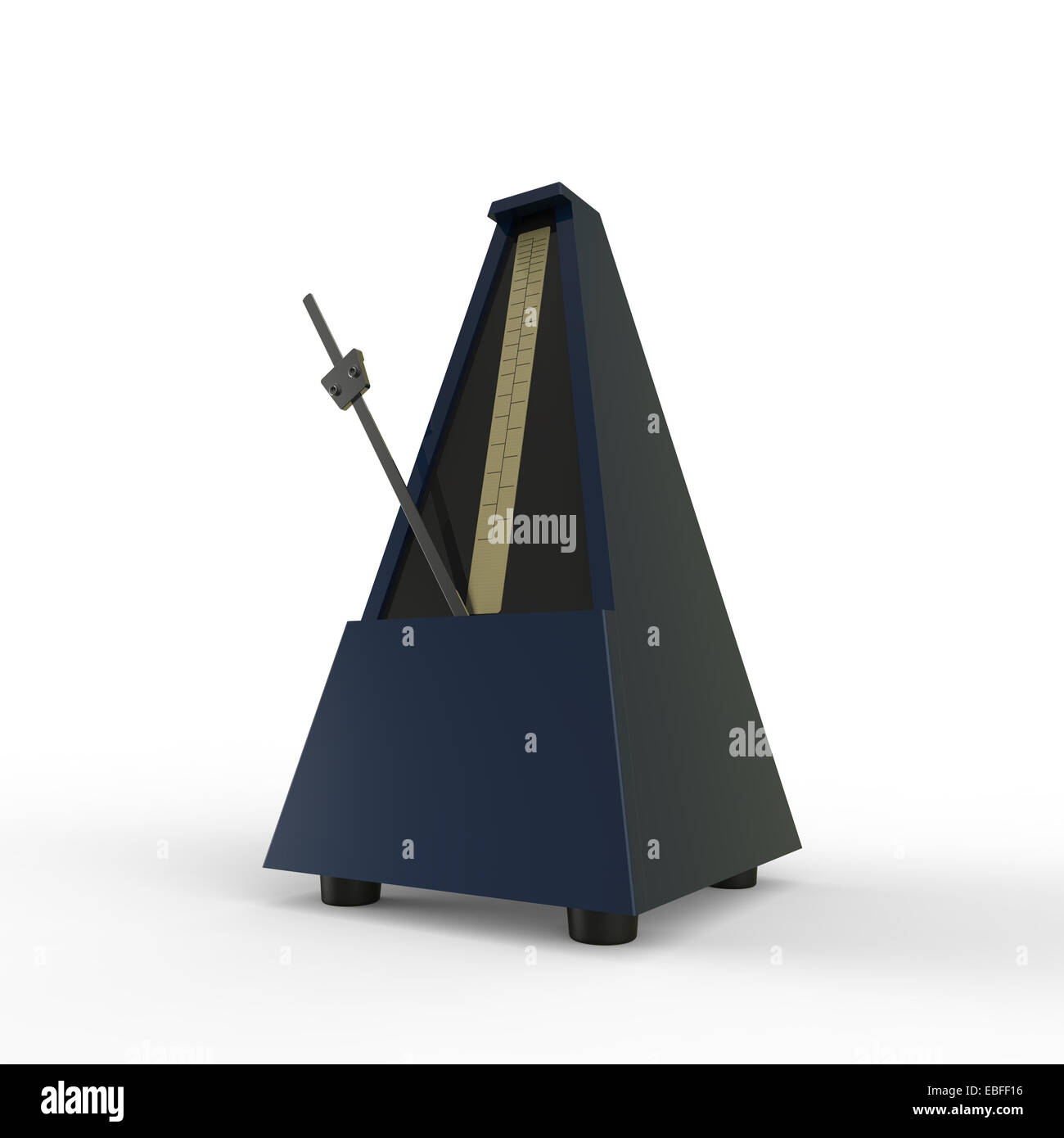Blu scuro a forma di piramide metronomo in legno su uno sfondo bianco utilizzato per la pratica della musica per mantenere il ritmo Foto Stock
