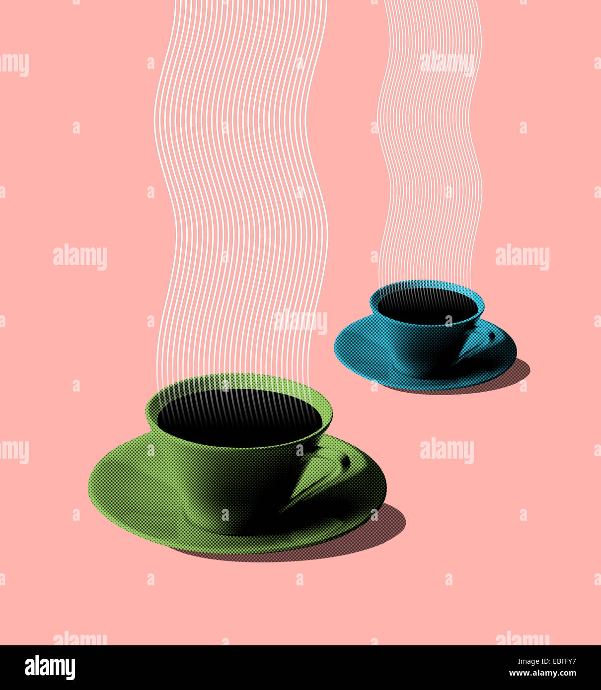 Illustrazione di verde e di blu tazze da caffè retrò o vintage stile anni cinquanta su sfondo di pesche Foto Stock