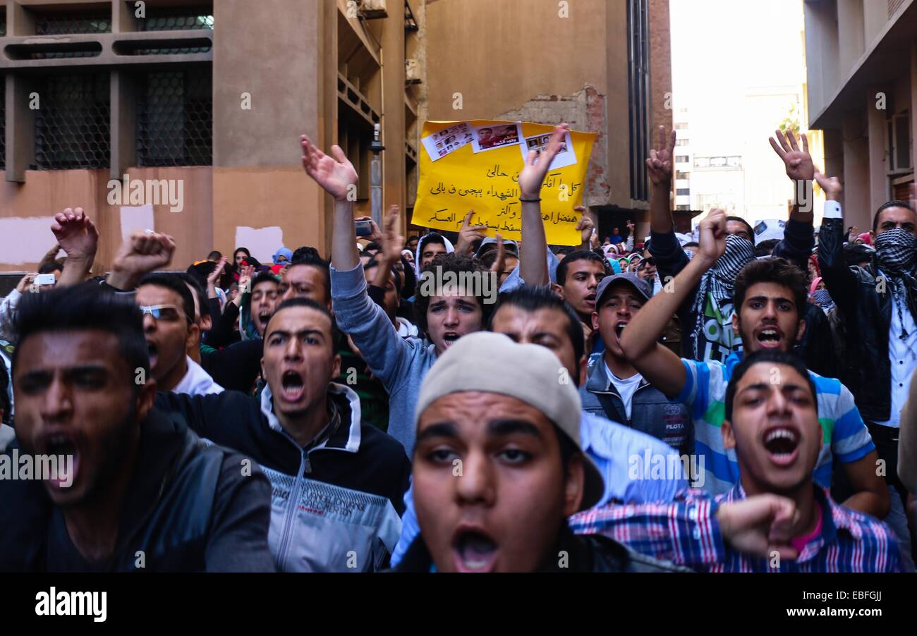 Il Cairo, Egitto. 29 Nov, 2014. Gli studenti provenienti da università di Alessandria partecipare a una manifestazione contro il Presidente Mubarak il verdetto in Alessandria, città costiera di Egitto, nov. 30, 2014. Un egiziano corte penale di sabato ha respinto le tasse di ex Egitto il presidente egiziano Hosni Mubarak sull uccisione di manifestanti nel gennaio 2011, l'Egitto, su nov. 29, 2014. © Asmaa Abdelatif/Xinhua/Alamy Live News Foto Stock