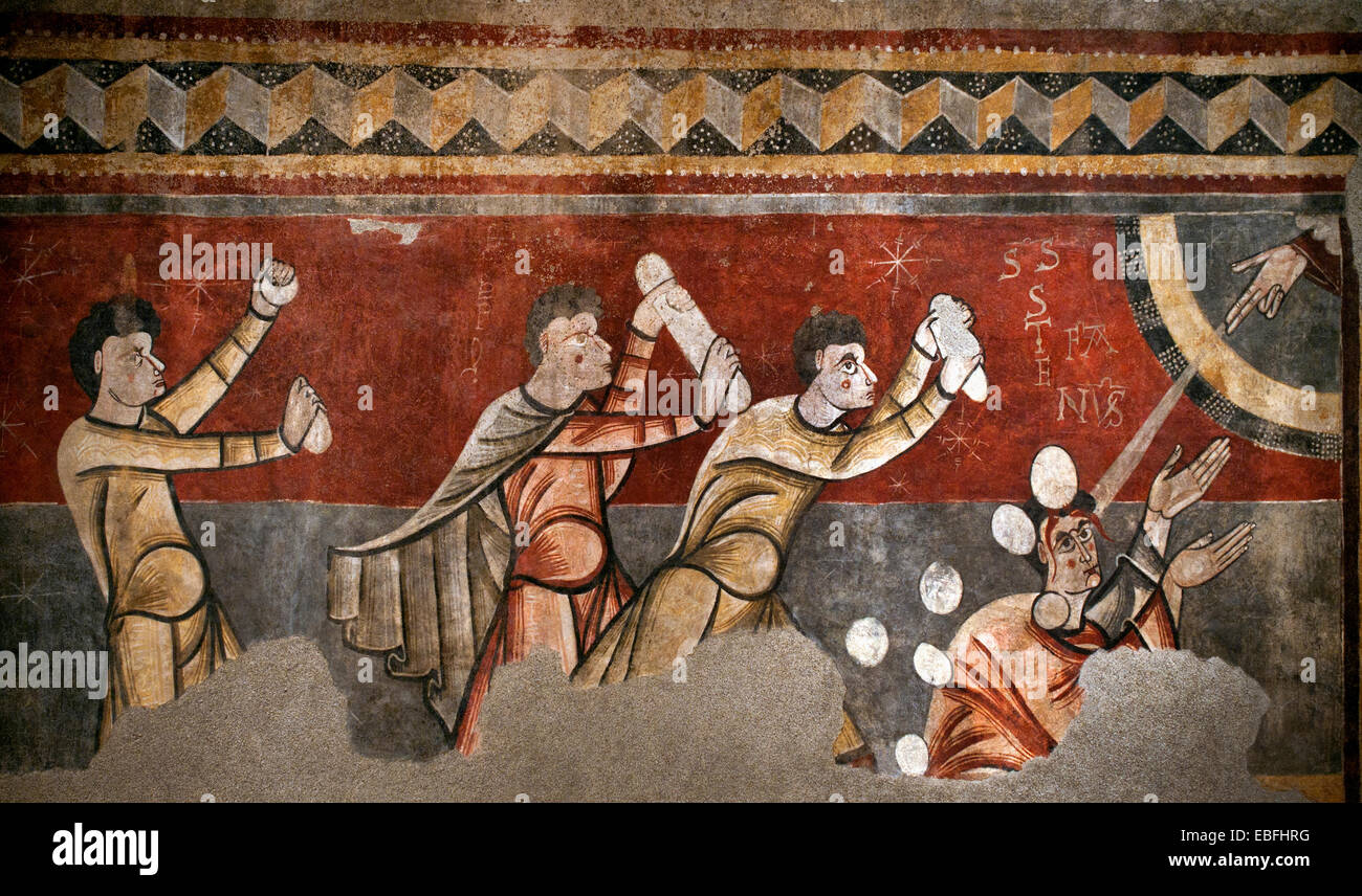 Affresco Mestre de Boí la lapidazione di Santo Stefano da Boí chiesa di Sant Joan de Boí (Vall de Boí, Alta Ribagorça) 1100 Spagna Foto Stock