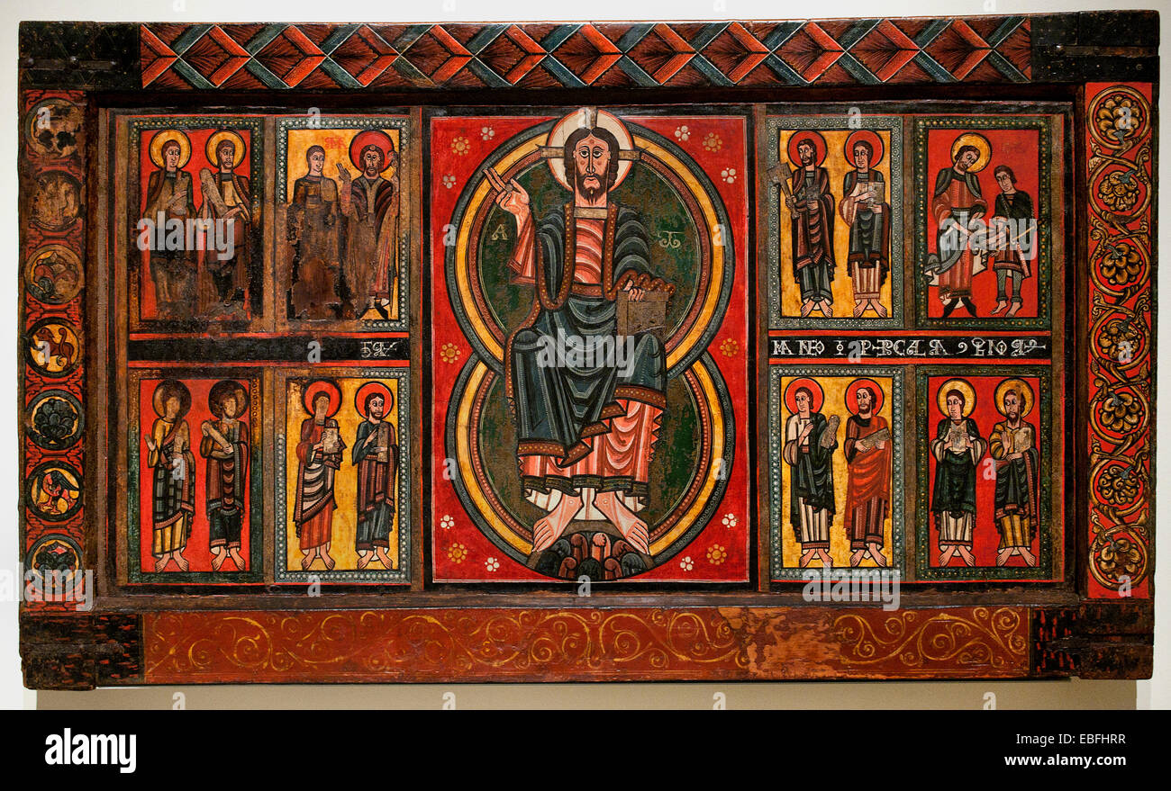 Paliotto chiesa di Sant Martí d'Ix Alta del XII secolo medievale arte romanica in Catalogna La Seu d'Urgell spagnole in officina Foto Stock